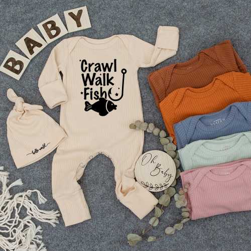 Crawl Walk Fish Baby Bodysuit And Hat Set, Going Home Outfit, Newborn Baby Clothes, Fishing Baby Clothes, Baby Shower Gift, Cute Fishing