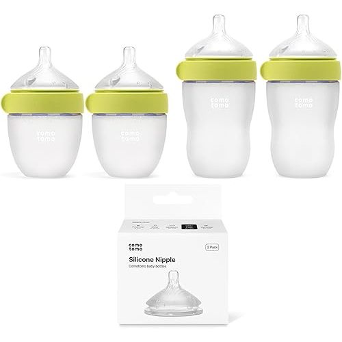 Silicone Baby Bottle Set for Newborn & Baby – Comotomo Gen 2 Feeding Bundle with 5oz & 8oz Anti Colic Baby Bottles (Green) + Fast Flow Replacement Nipples – Breast Like Bottle Feeding