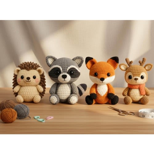 Woodland Animals Crochet Pattern Set – Mini Raccoon, Fox, Deer & Hedgehog | Amigurumi Bundle PDF