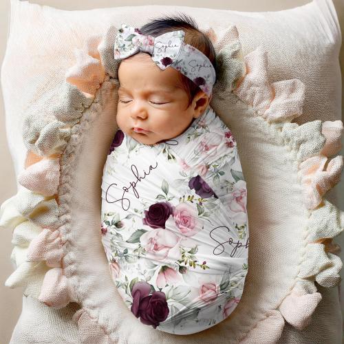 Baby Girl Personalized Swaddle, Hat, Headband, Pink Burgundy Floral Rose, Expecting New Mom Shower Gift, Hospital Newborn Photos, Sophia II