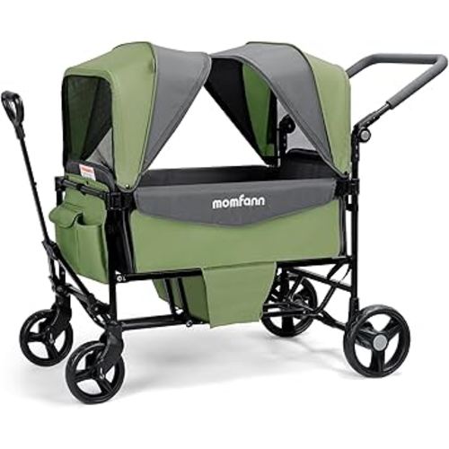 Stroller Wagon for 2 Kids,Foldable Wagon Stroller with Canopy,All-Terrain Parent Organizer, Adjustable Handle & Pull Bar for Infants and Toddlers, Meadow Green