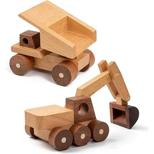 Wooden Toy Cars for 3 Year Old Boys & Girls - Construction Vehicles Set Push Toys for Toddlers, Wood Montessori Car with Rolling Wheels, Natural Wood Toys (Excavator & Dump Truck)