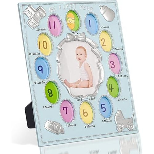 My First Year Photo Frame – Baby's Monthly Milestone Memory Display | Classic Baby Picture Frame Keepsake for Boys & Girls | 12 Monthly Photo Slots in Blue | Nursery Wall Décor