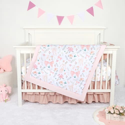 GFU Crib Bedding Set for Girls 4-Piece, Bow Baby Girl Crib Bedding Set Pink Flowes, Nursery Sets Includes Comforter, Fitted Crib Sheet, Crib Skirt, and Diaper Stacker