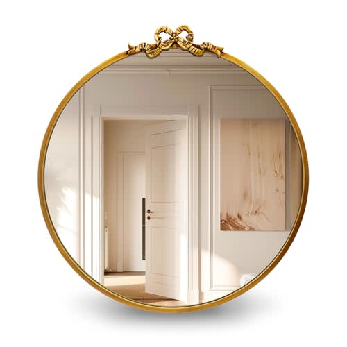 TopCity Vintage Round Gold Wall Mirror Bathroom Vanity Mirrors Decorative Antique Metal Ornate Circle Mirror, Baroque Home Bow Decor for Dressing Table,Bedroom,Living Room,Hallway