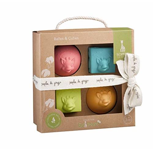 Sophie la girafe So'Pure Cubes & Balls | 4 Light & Colorful Balls | Easy to Grasp | Designed with Natural Rubber to Soothe & Awaken All 5 Senses