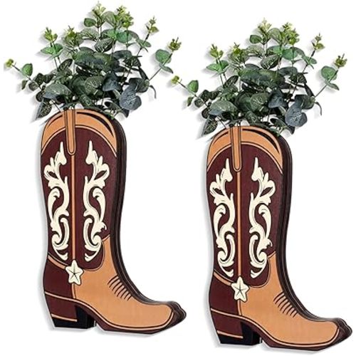 Havawish 2 Pcs Western Wall Decor Wood Cowboy Boots Wall Planter for Indoor Plants 12 x 8'' Western Boot Flower Hanging Vase for Flower Faux Rustic Home Decor for Bathroom Bedroom(Cartoon Style)