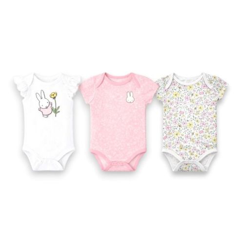 Miffy Baby Girls' 3-Pack Short Sleeve Soft Cotton Blend Bodysuit Set, White/Light Pink Floral, Newborn