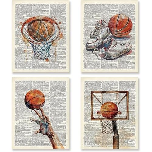 KSDUT Retro Basketball Wall Decor Art Set of 4 - Vintage Artwork Poster Prints Gym Club Wall Decor Basketball Gifts Wall Art for Office Games Sports Room Decorations - 8"x10" Unframed