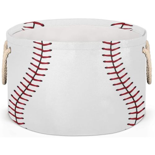 Baseball Large Round Storage Basket Sport Baseball Collapsible Circle Storage Bin Laundry Hamper With Handle for Kids Toy Blanket Dirty Clothes Towel Living Room Nursery Storage Organizer Decor