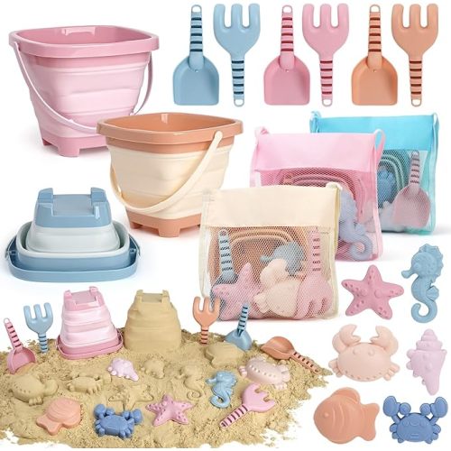 Dreamon Beach Toys Set for Kids 3-10, Collapsible Sand Buckets with Beach Molds and Mesh Bag, 3 Pack Shovels Set Sand Toys for Beach, Sandbox Travel Toys for Toddlers Kids