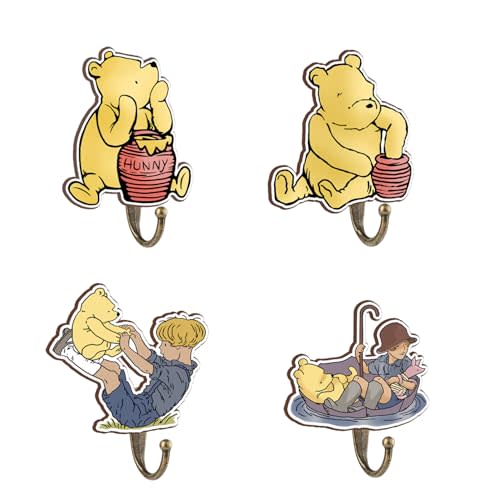 ZsaTuiy Winnie Nursery Bathroom Bedroom Decor, 4 Pcs Honey Winnies Decorative Wall Hooks Wooden Hooks, Winnie Nursery Hook Cute Towel Hanger, The Pooh Home Decoration