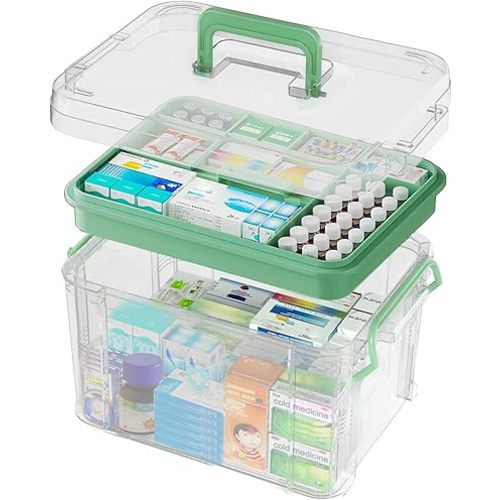 15QT Clear Medicine Organizer Box with Handle, Plastic Medicine Container with Tray First Aid Box Empty, Thickened Medicine Storage Organizer Multipurpose Medication Organizer Storage