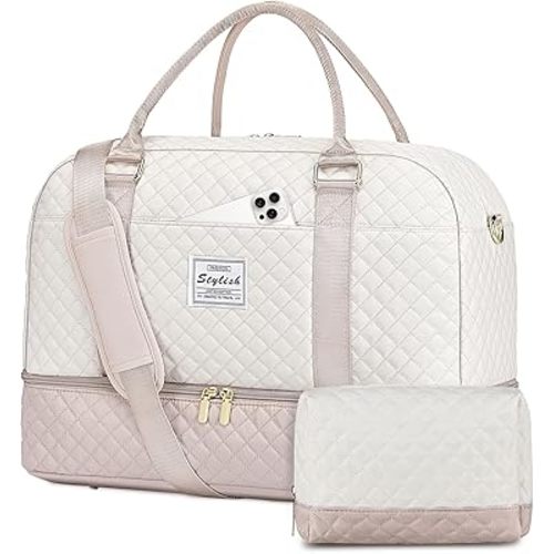 Travel Duffle Bag Weekender for Women: Travel Duffel Bag Carry-On Overnight Bag with Shoe Compartment & Wet Pocket Large Weekend Tote Bag withGym Duffel Bag for Hospital Beige