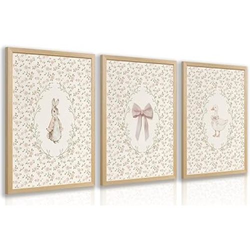 Grajoy Wood Framed Vintage Bunny Goose Florals Nursery Wall Art, 12"x16"x3"
