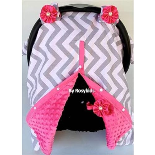 Infant Carseat Canopy Cover 1pc Wind Proof Baby Car Seat Cover, Sunshade Cover, Boys and Girls, Fits Any Baby Car Seat, Light Grey Chevron Hot Pink Minky