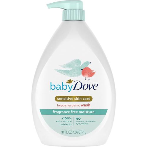 Baby Dove Sensitive Skin Care Baby Wash Fragrance Free Moisture For Baby Bath Time Fragrance Free and Hypoallergenic, Washes Away Bacteria 34 oz (Pack of 1)