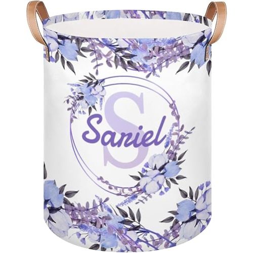 Laundry Basket Hamper, Laundry Basket Collapsible with Custom Name and Handles for Room Bedroom Bathroom Clothes Hampers Storage Baskets Purple Flower