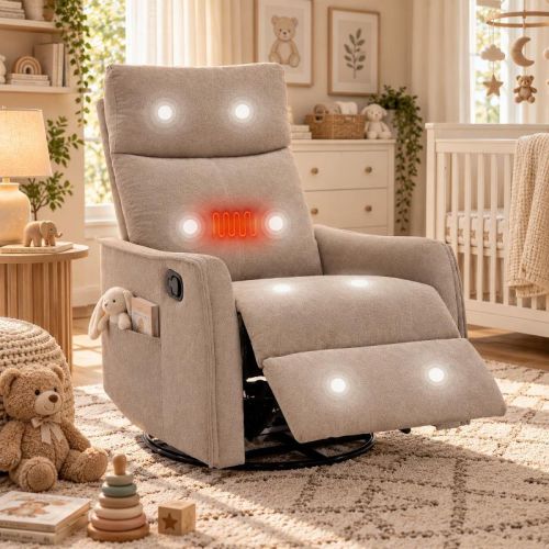 Swivel Rocker Recliner Chair, 360° Swivel Recliner with Heat and Massage, Rocker Recliner Nursery Glider Chair with Side Pockets for Living Room