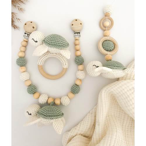 Set turtle in mint with stroller chain, pendant for baby seat, grasping toy l birth gift baby toy wood baby gift baby party