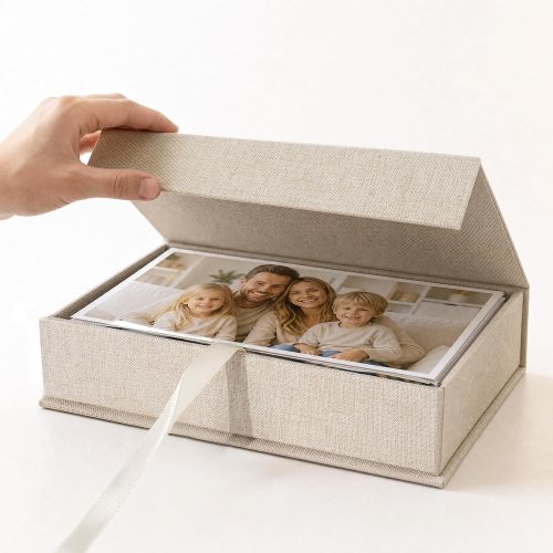 Photo Storage Box 5x7, Linen Photo Box, Memory Box Perfect to Store Your Photo, Pictures, Certificates, Scrapbooking Supplies, Keepsakes and Jewelry Beige