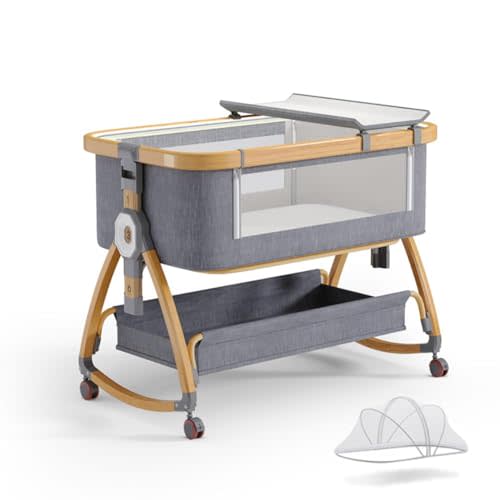 Baby Bassinet, Bedside Bassinet for Baby, 4 in 1 Portable Bassinet Bedside Sleeper with Wheels Mosquito Net & Storage Basket, 6 Height Adjustable Rocking Bassinet for Newborn Baby