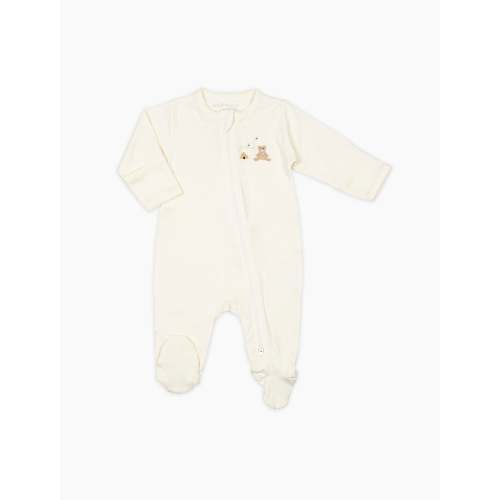 Pima Embroidered Footie in Pearl Honey Bear