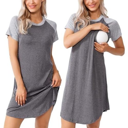 Women Sleepshirts 3 in 1 Labor/Maternity/Nursing Nightgown Short Sleeve Breastfeeding Sleep Dress XS-3XL