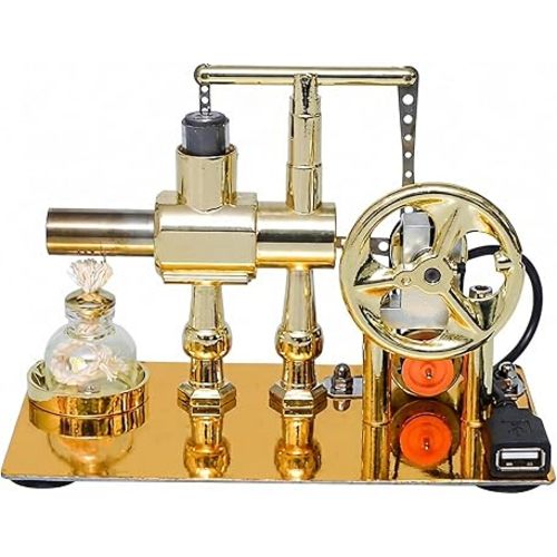 Hot Air Stirling Engine Motor Model,Stirling Engine Kit, Single-Cylinder Metal Stirling Engine External Combustion Engine Motor,DIY Hot Air Engine Gift of Air for Desktop EducationalToy (Gold)