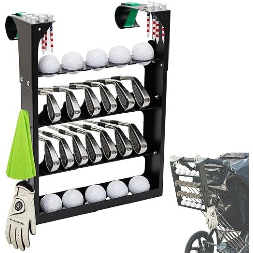 Golf Stroller Attachment - Metal Golf Club Holder for Strollers,12-Club & 10-Ball 4 hooks Capacity with Adjustable for Straps Outdoor Golf,Fits Single & Double Strollers ,Ideal Golf Gift for Parents