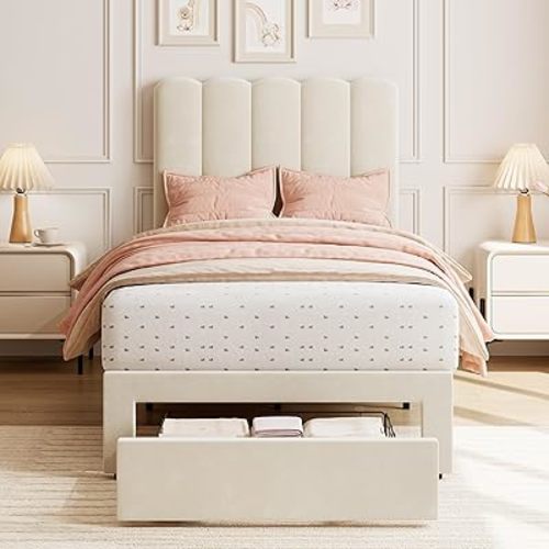 GarveeHome Twin Bed Frame with Under-Bed Drawer, Upholstered Platform Bed with Wave Headboard for Kids/Girls, Wooden Slats Support, No Box Spring Needed, Velvet Beige