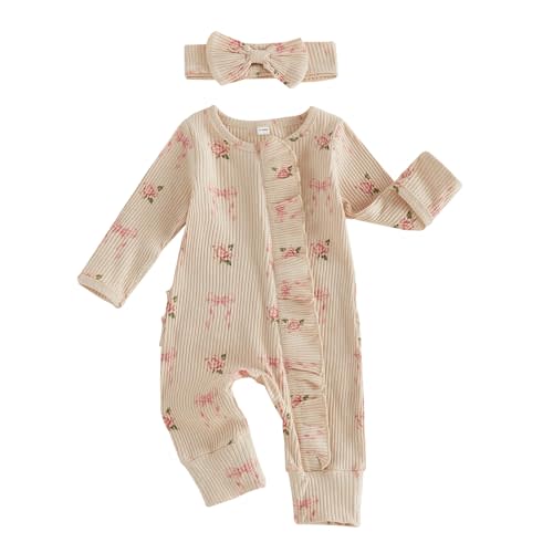 Newborn Baby Girl Clothes Coming Home Outfit Long Sleeve Romper Headband | Newborn Baby Girl Fall Winter Clothes Coming Home Outfit Ruffle Romper Onesie Cute Waffle Knit Jumpsuit Headband