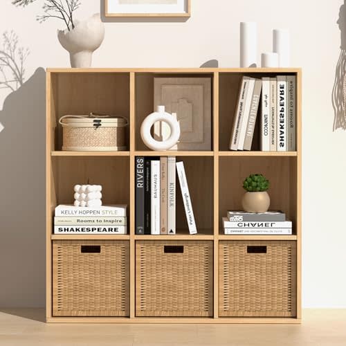 Wooden 9 Cube Storage Organizer with Closed Back Panel, Cube Shelf Heavy Duty Cubby Storage Organizer with Compartments for Living,Display Shelf,Bookshelf,Storage Furniture (Oak, 9-Cube)