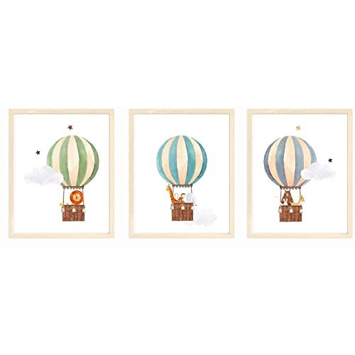 bumbleboo Nistio® Hot Air Balloon Safari Animals Nursery Wall Prints, Play Room Decoration, Nursery Wall Art, Nursery Room Decor, Safari Animals Print Set, Unframed, Set of 3 Prints, 8x10