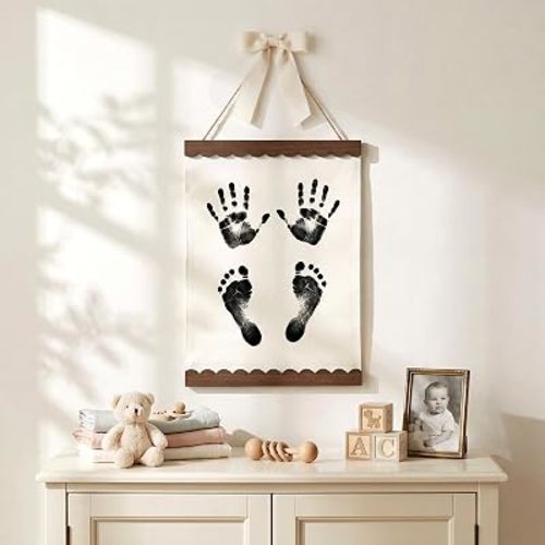 Novabright Baby Hand and Footprint Kit with Ink Pad Ribbon Bow Baby Handprint Kit Footprint Wall Hangings for Nursery Scalloped Keepsake Gift for New Mom First Mother's Day