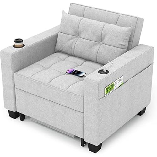 DURASPACE 36.6" Futon Chair Bed Convertible Chair 3-in-1 Pull Out Sleeper Reading Chair Beds with USB, Armchair Sleeper Bed for Living Room, Dorm, Small Space (Light Gray Linen)