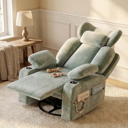 LAZZO Nursery Recliner Chair, 360° Swivel Rocking Glider with Adjustable Headrest, Armrests, Footrest, Cup Holder and Lumbar Pillow, Green