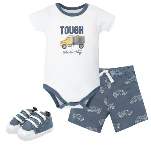 Hudson Baby Boy Cotton Bodysuit, Shorts and Shoe Set, Blue Construction Truck, 3-6 Months