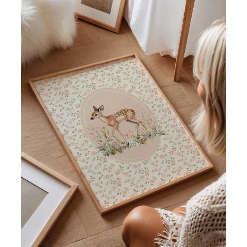 Floral Forest Deer Nursery Wall Art | Pink Girl's Room Decor | Printable Folk and Forest with Bow Print | Digital Vintage Cottagecore Poster