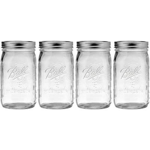 Ball Wide Mouth Quart 32oz. Glass Mason Jar with Lids and Bands, 4 Count