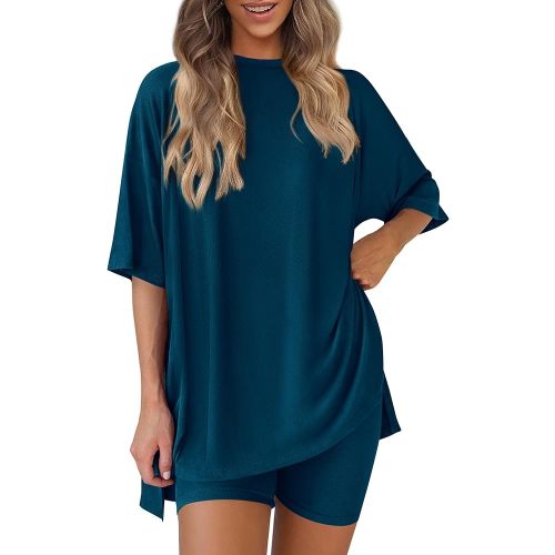 PRETTYGARDEN Women 2 Piece Lounge Set 2026 Summer Casual Oversized Shirts Biker Shorts Matching Airport Travel Outfit Clothes