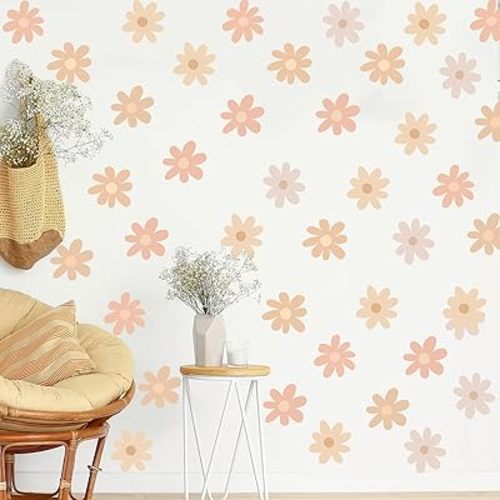 BBTO Daisy Wall Decal Flower Vinyl Wall Decals Daisy Stickers Floral Decals Peel and Stick for Nursery Art Bedroom Living Room(Simple Style,Warm Color)