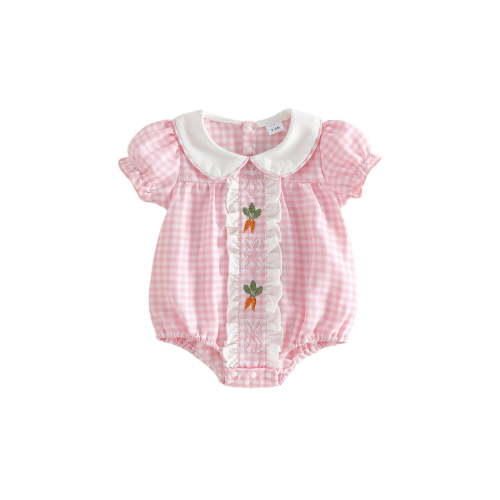 BemeyourBBs Newborn Baby Girls Easter Outfits Plaid Gingham Bubble Romper Carrot Bunny Embroidered Plaid Doll Collar Short Sleeve Infant Jumpsuit Cute Spring Summer Clothes