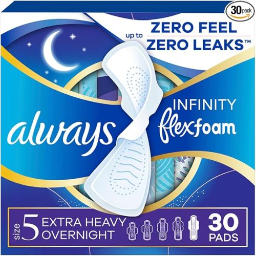 Always Infinity Feminine Pads for Women, Flexfoam Pads with Wings, Size 5, Extra Heavy Overnight Absorbency, Unscented, 30 Count