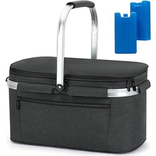 ALLCAMP Picnic Basket - 2 Ice Box Included 32L Insulated Cooler, Thickening Foldable Picnic Basket with Removable Baskets & Sewn-in Frame, Basket for House Warming Gifts New Home(Black)