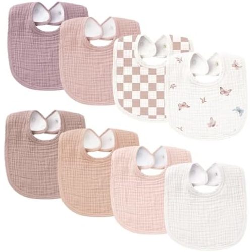 Konssy 8-Pack Muslin Baby Bibs, Adjustable Fit for Drooling and Teething