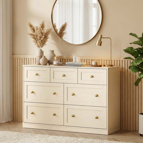 Heynemo Dresser for Bedroom with 7 Drawers, Wood Drawer Organizer for Bedroom, Living Room, Hallway, Beige
