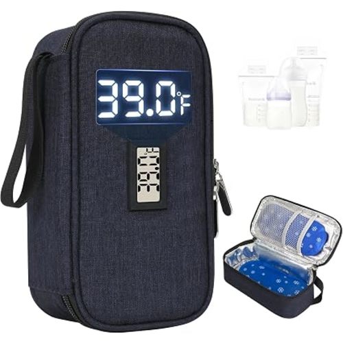 YOUSHARES Breastmilk Cooler Travel Bag with Digital Thermometer, Small Insulated Baby Milk Storage with 2 Ice Packs, Daycare and On-the-Go Moms （Navy）