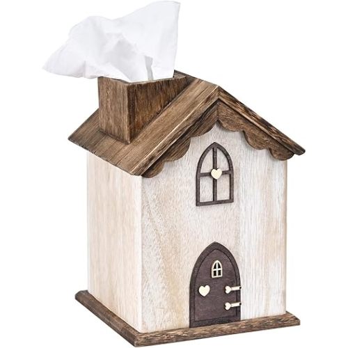 Ikee Design Farmhouse Wooden Square Tissue Box Cover, House-Shaped Decorative Tissue Holder for Bathroom, Bedroom, Living Room, Brown Color, 5.8W x 5.8D x 8.2H in