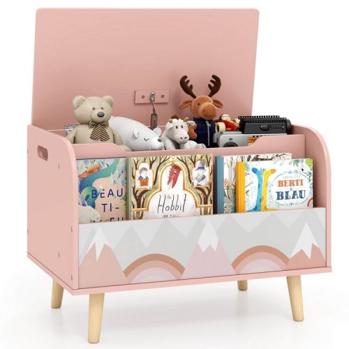Costway Kids Wooden Toy Box with Front Bookshelf 4 Solid Wood Legs Flip-top Lid for Nursery Pink